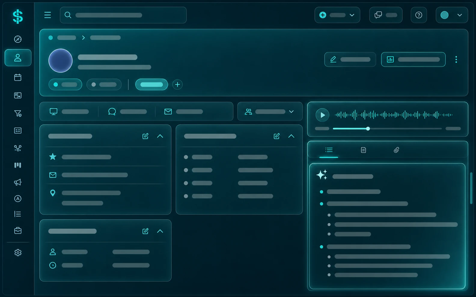 Swivel's AI Notetaker: a generated meeting-summary note saved straight to the client's contact record, with the recording's audio waveform above it.